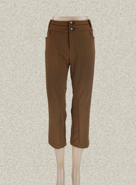 丝fu卡 正品 拼接腰显瘦咖啡色女夏秋弹力修身直筒裤七分裤 45075