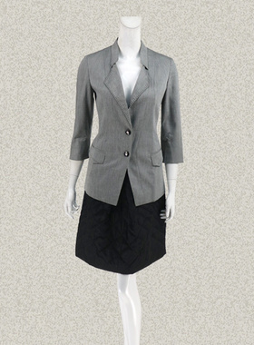 蕾DOW 正品 拼色仿手工明线翻领雅致灰色修身OL女春秋七分袖外套