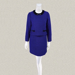 LA151 条纹提花拼色娃娃领OL假两件女秋冬羊毛连衣裙 JH风 正品