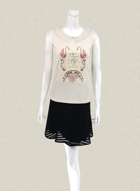 JH风 正品 欧根纱绣花娃娃领烫钻印花亲肤女夏秋弹力针织上衣 424