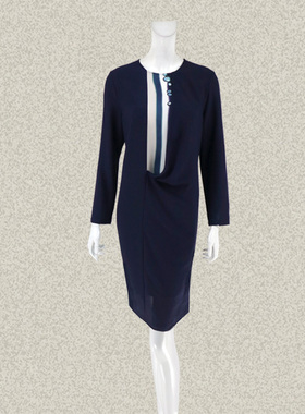 新!法路INA 正品 不对称印花拼色宽松腰女春初夏深蓝色连衣裙6090