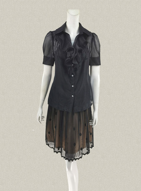 裘TN 正品 荷叶领半透视黑色女春夏秋短袖两件式薄衬衫上衣 01158