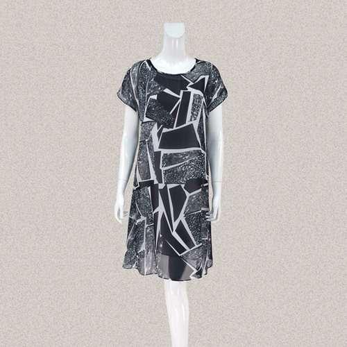 玛*曼可 正品 雅致黑白印花连肩袖女夏两件套雪纺连衣裙 BB15117