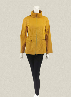 蕾DOW 竖领翻领两用袖腰内抽绳黄色女春秋直身拉链外套百搭上衣