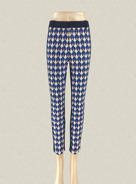 丝fu卡 正品 拼色图案印花深蓝修身女春秋弹力小脚裤九分裤370110