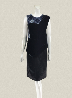 ZO*O 不对称金丝绒拼接格子薄呢拼色女春秋冬露背无袖连衣裙 0368