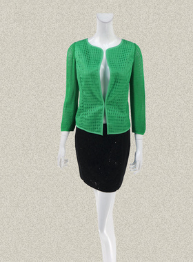 丝fu卡 正品 格子提花针梭拼绿色女春秋大码百搭减龄外套 230258