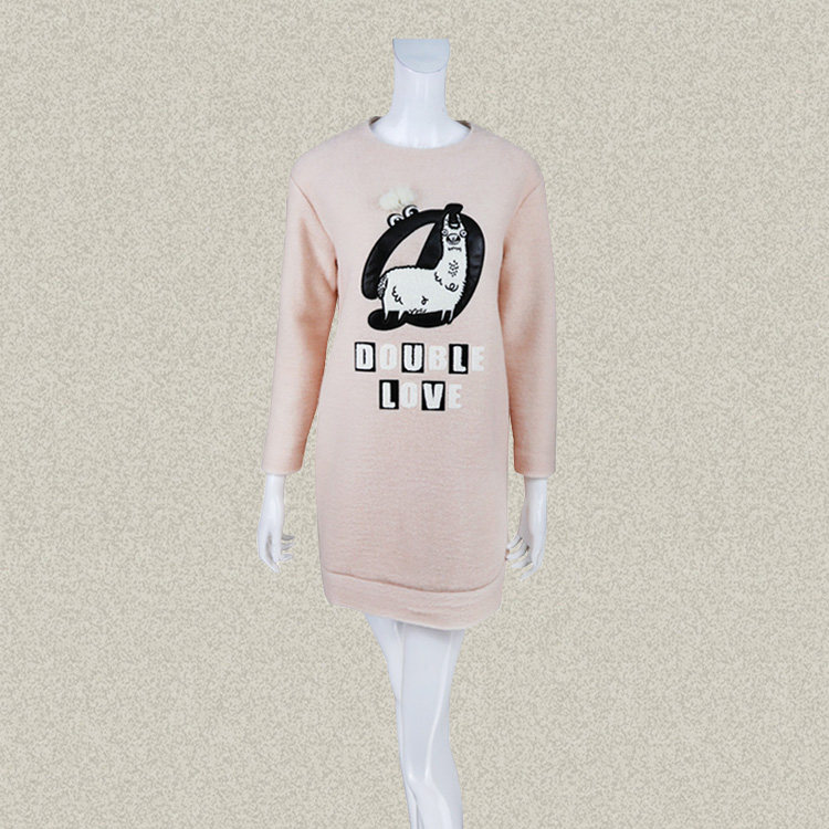 Double*爱 正品 贴布绣甜美粉色女春秋冬羊毛呢连衣裙呢子裙4110
