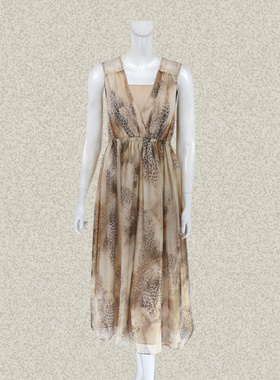 丝fu卡 正品 松紧腰渐变豹纹印花蕾丝拼接女夏季长款连衣裙 26058