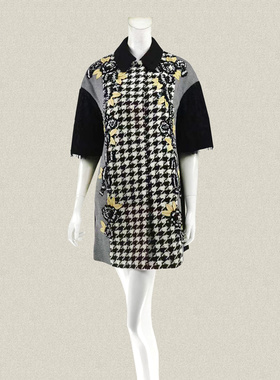 C*fon 正品 蕾丝拼色钉珠亮片千鸟格提花女春秋冬毛呢短袖外套235