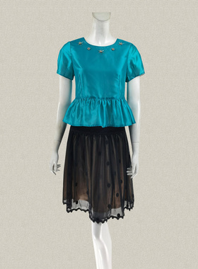 JH风 正品 钉珠荷叶摆遮肚果绿色减龄OL女春夏秋套头短袖上衣 439