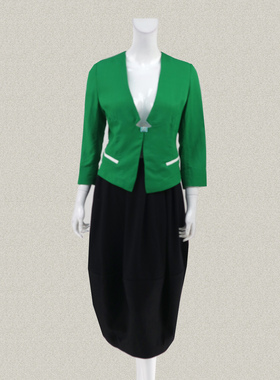 尚MORE 正品 拼色开叉V领无扣绿色OL女春夏秋莱赛尔/麻短外套 017