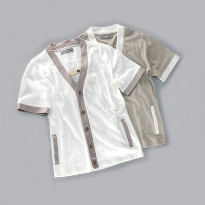 桀* J*eor男装正品 拼色V领单排扣短袖百搭夏秋全棉针织上衣41012