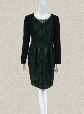 新!爱珂菲EAACPP 正品 亮丝古典风提花镶钻女春秋连衣裙 EE35081