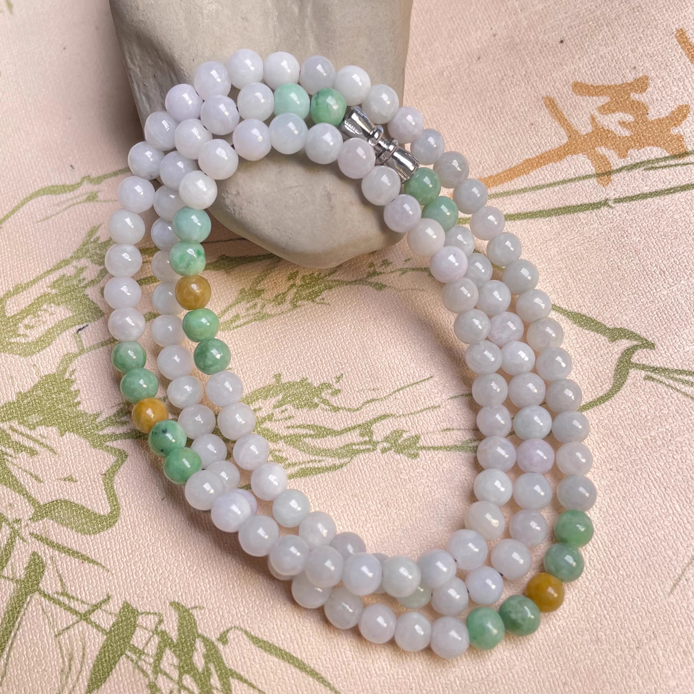 隆慈缘原矿翡翠A货5mm细糯种三彩项链女款多圈手链108颗玉石项链