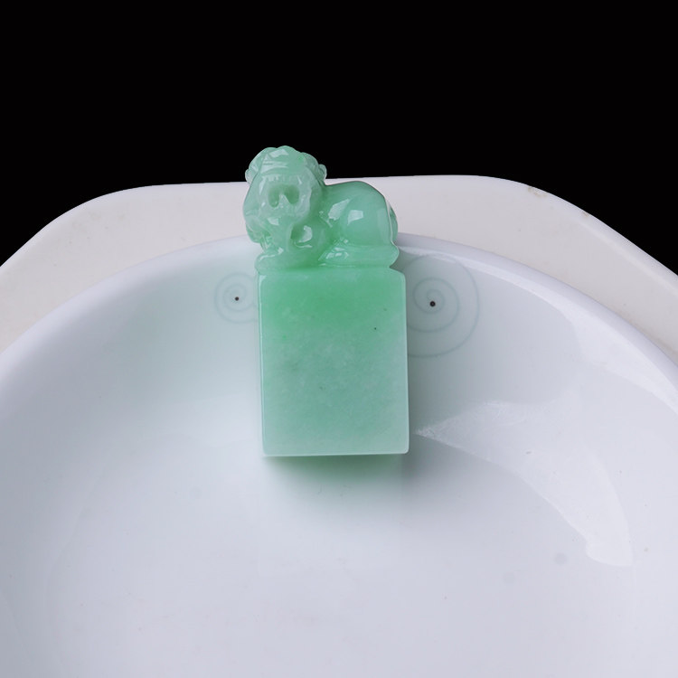 z隆慈缘玉器缅甸保真冰糯种豆绿翡翠印章a货貔貅章送证可刻字包邮