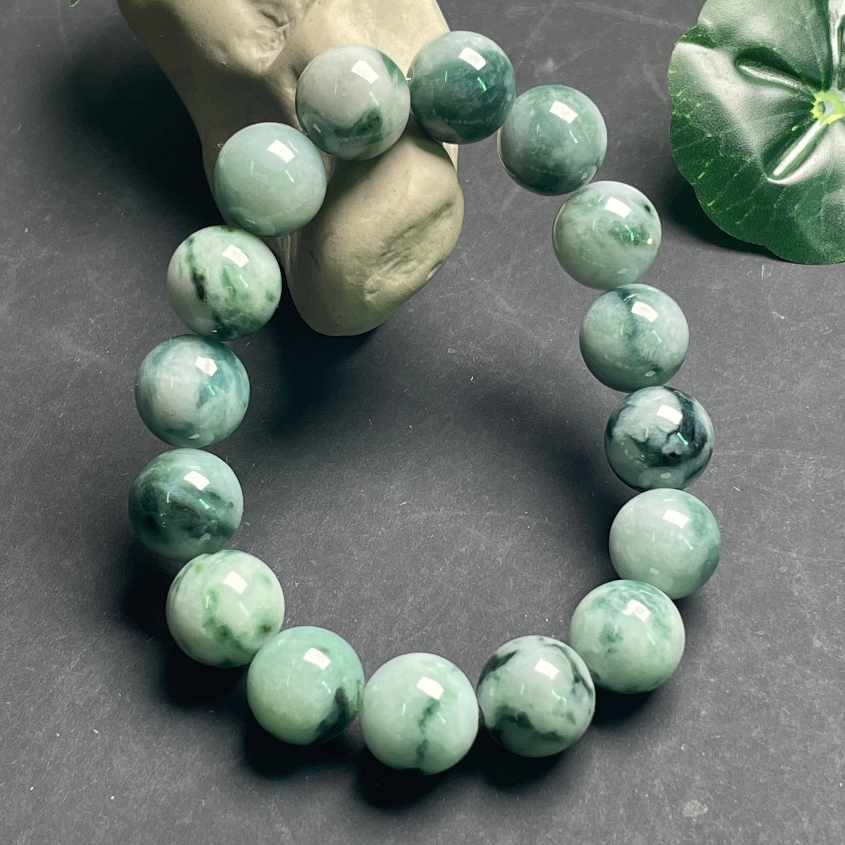 隆慈缘原矿A货14mm翡翠冰糯种飘花手链大尺寸圆珠手串玉石手串