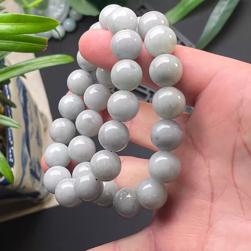 隆慈缘原矿翡翠A货源头直发13mm冰糯种灰乌鸡手链大尺寸烟灰手串