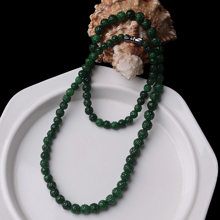 隆慈缘玉器正品A货冰糯种满色翡翠雕花珠链缅甸保真项链送证包邮