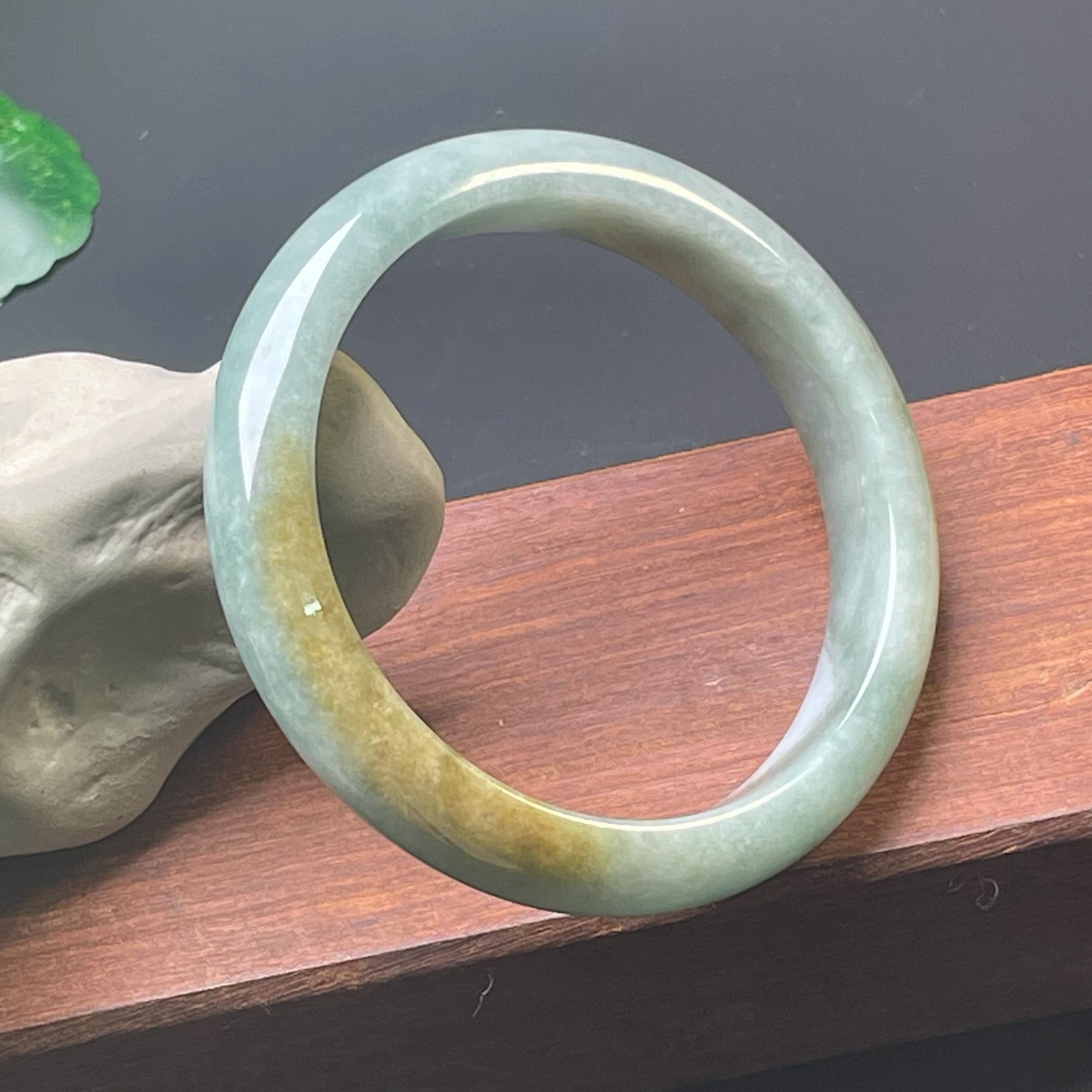 隆慈缘缅甸原矿A货翡翠59mm手镯冰糯种三彩手镯自然黄翡手镯