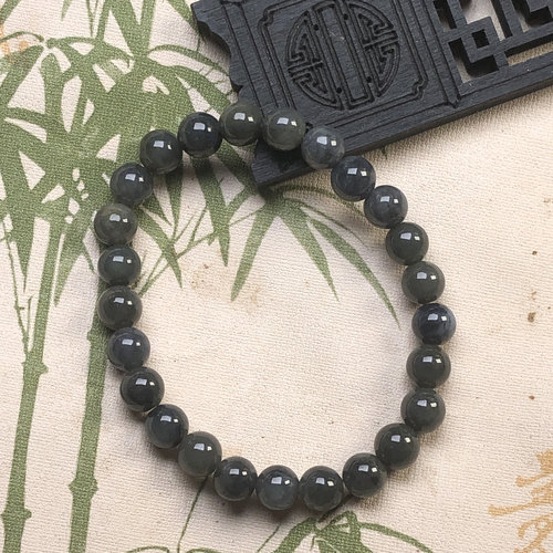 隆慈缘翡翠A货源头直发缅甸玉乌鸡7.7MM手串乌鸡优选品乌鸡手链