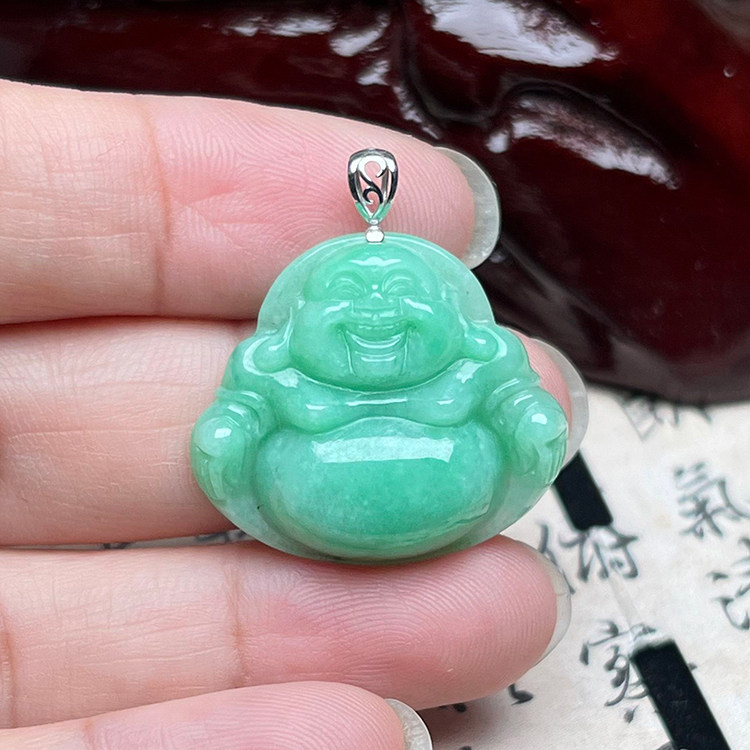 A货缅甸天然翡翠18K金佛公吊坠