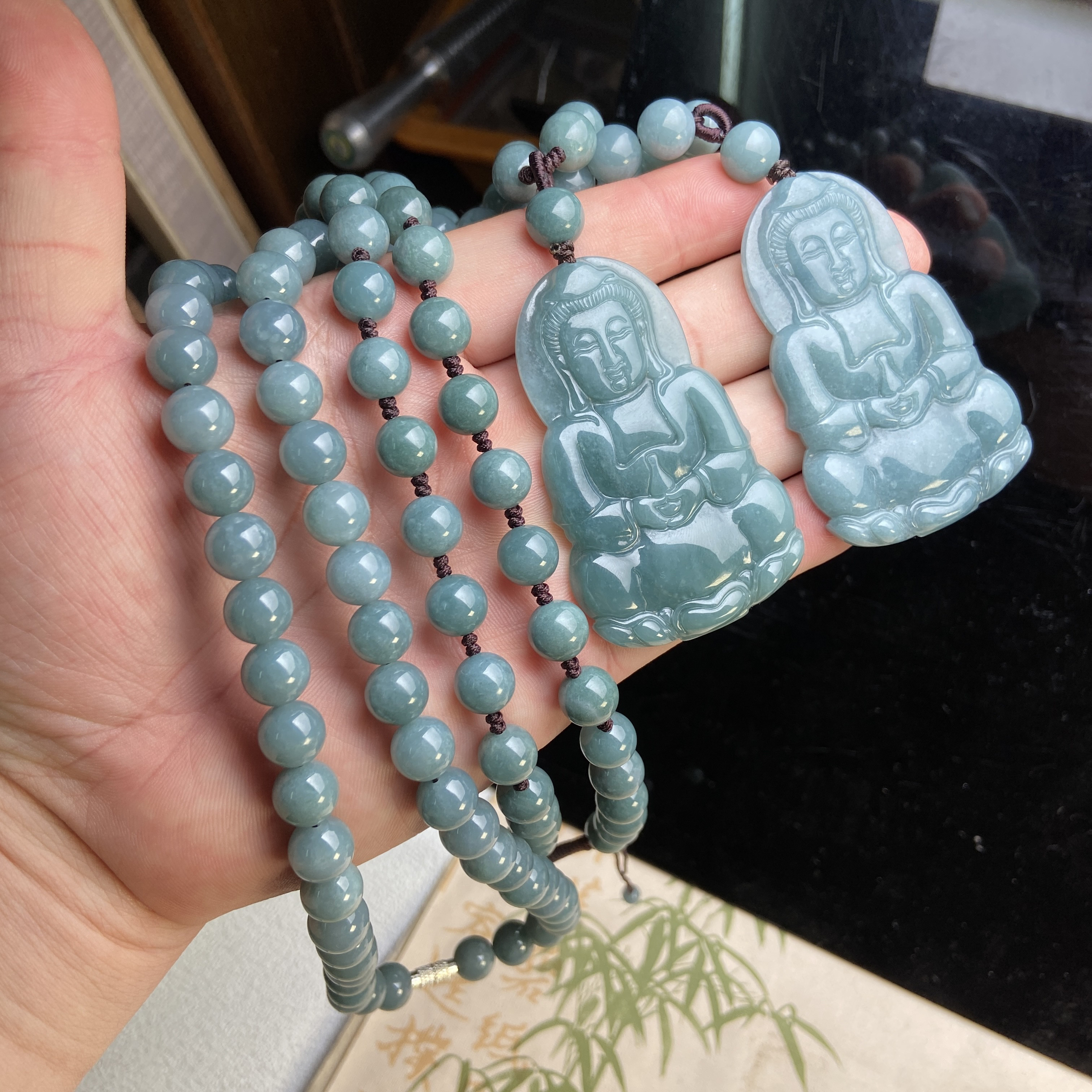 隆慈缘原矿翡翠源头A货10MM(8)项链危料蓝水大尺寸观音吊坠一套