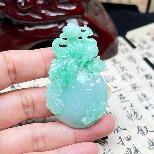 隆慈缘缅甸A货满绿翡翠凤凰吊坠