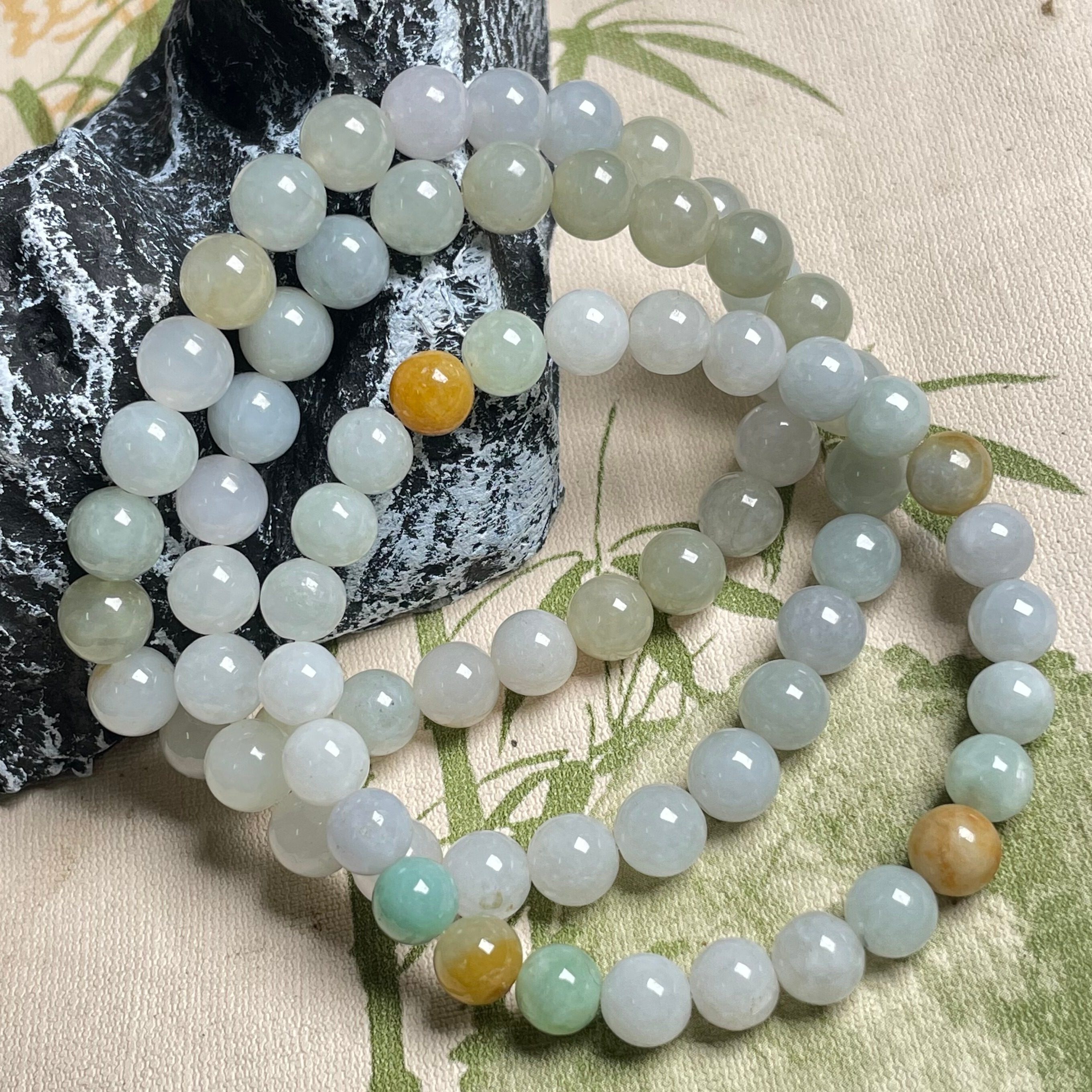 隆慈缘原矿翡翠A货8mm冰糯种三彩手串男女款单圈圆珠手串玉石手链