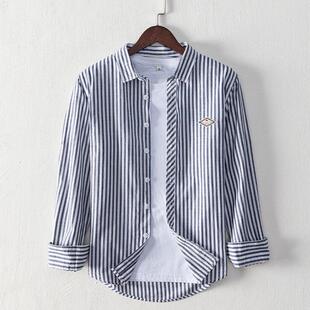 春秋港式时尚男装休闲纯棉男士长袖条纹衬衫简约拼色衬衣外套男潮