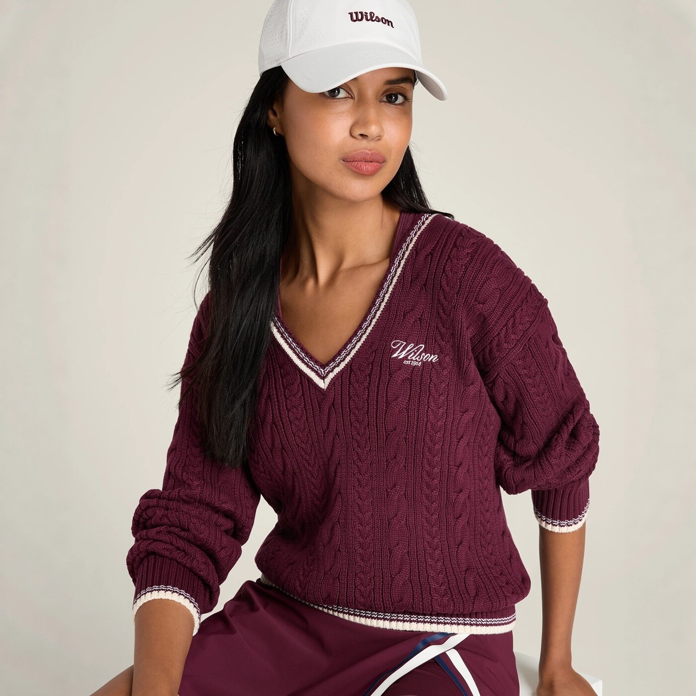 代购Wilson Hillcrest 威尔胜女士网球服复古红色运动毛衣V领