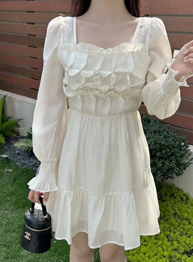 韩国ulzzang早春新款法式气质时尚方领荷边叶钉珠高腰雪纺连衣裙