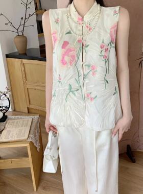 韩版ulzzang夏季新款法式气质时尚立领单排扣重工艺刺绣马甲外套