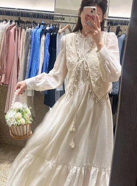 韩版ulzzang早春新款法式气质时尚小香风马甲显瘦刺绣连衣裙套装