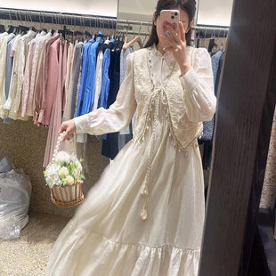 韩版ulzzang早春新款法式气质时尚小香风马甲显瘦刺绣连衣裙套装