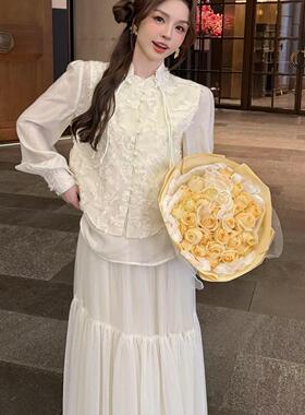 韩版ulzzang早春新款法式气质时尚圆领衬衫上衣+立领刺绣马甲套装