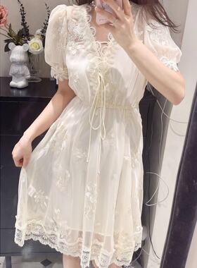 韩版ulzzang夏季新款法式气质时尚V领系带高腰显示刺绣雪纺连衣裙