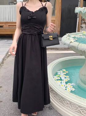 韩版ulzzang夏季新款法式气质时尚一字领收腰显瘦镂空吊带连衣裙