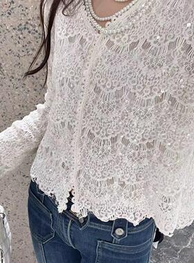 韩版ulzzang早春新款法式气质时尚小香风V领修身显瘦亮片蕾丝上衣