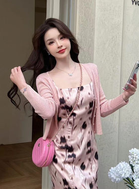 韩版ulzzang早春新款法式气质时尚小香风针织开衫+吊带连衣裙套装