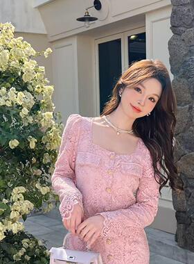 韩版ulzzang早春新款法式气质时尚小香风方领蕾丝镂空开叉连衣裙