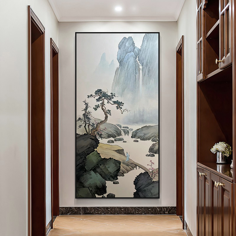 玄关纯手绘油画新中式装饰画古风人物山水风景画客厅走廊过道挂画图片