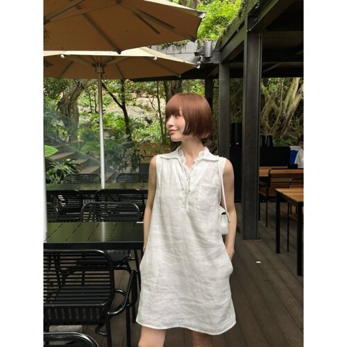 100亚麻小翻领蕾丝花边连衣裙