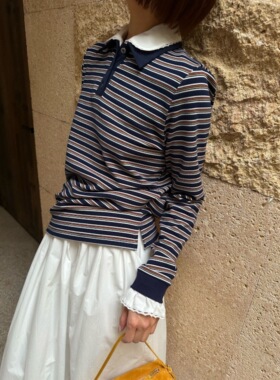 Monkey Studio 「缪系」假两件可拆卸衬衫领长袖羊绒条纹上衣