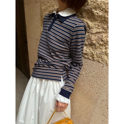 假两件可拆卸衬衫领羊绒条纹上衣