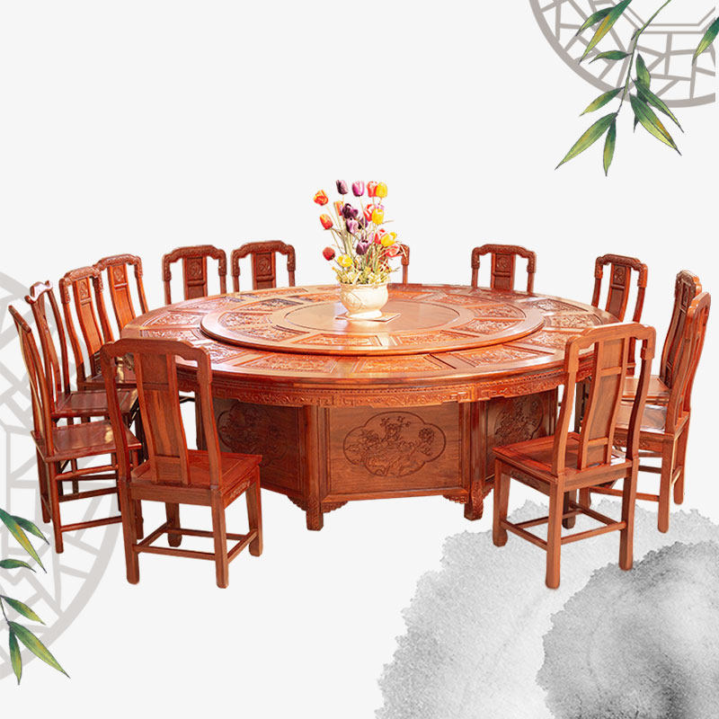 餐桌椅餐客厅酒店民宿中式红木全实木雕花餐台大圆桌台子东阳厂家