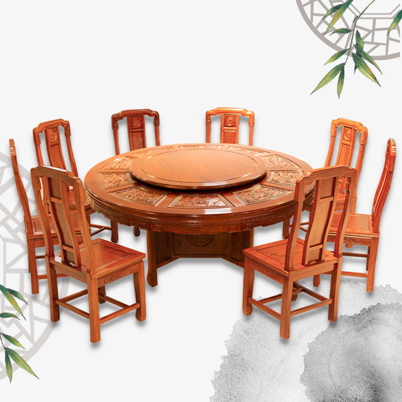 芝兰花韵餐桌椅客厅酒店中式红木实木雕花餐台大圆桌台子东阳厂家
