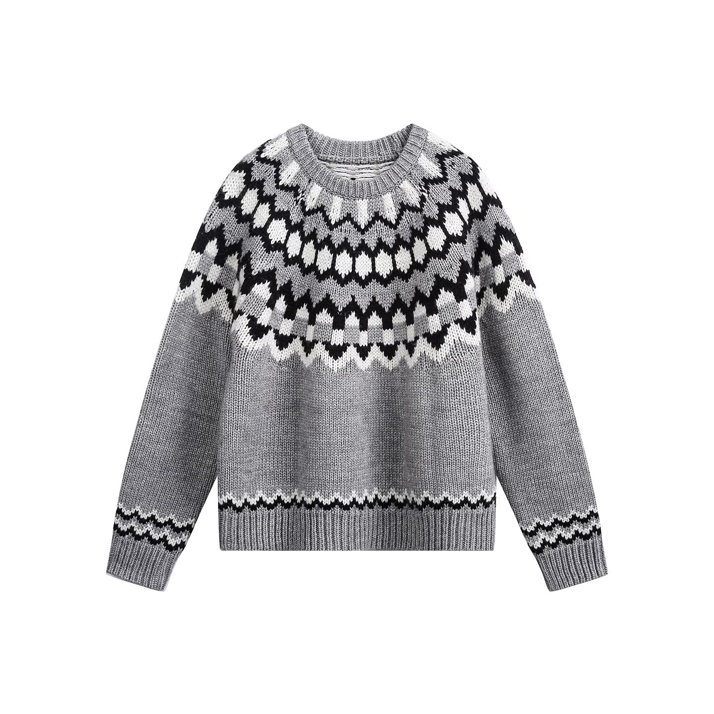 Eagle Vogue复古费尔岛几何提花圆领宽松慵懒针织毛衣男女