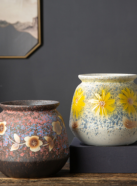 复古陶瓷多肉花盆手工雕刻向日葵法师紫乐老桩绿植盆盆栽大号口径