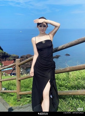 AP品牌撤柜连衣裙女黑色印花花苞抹胸裙